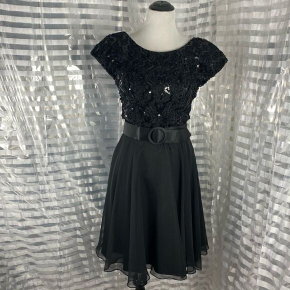 Bari Jay Sequin Cap Sleeve Chiffon Belted Dress - Picture 1 of 6